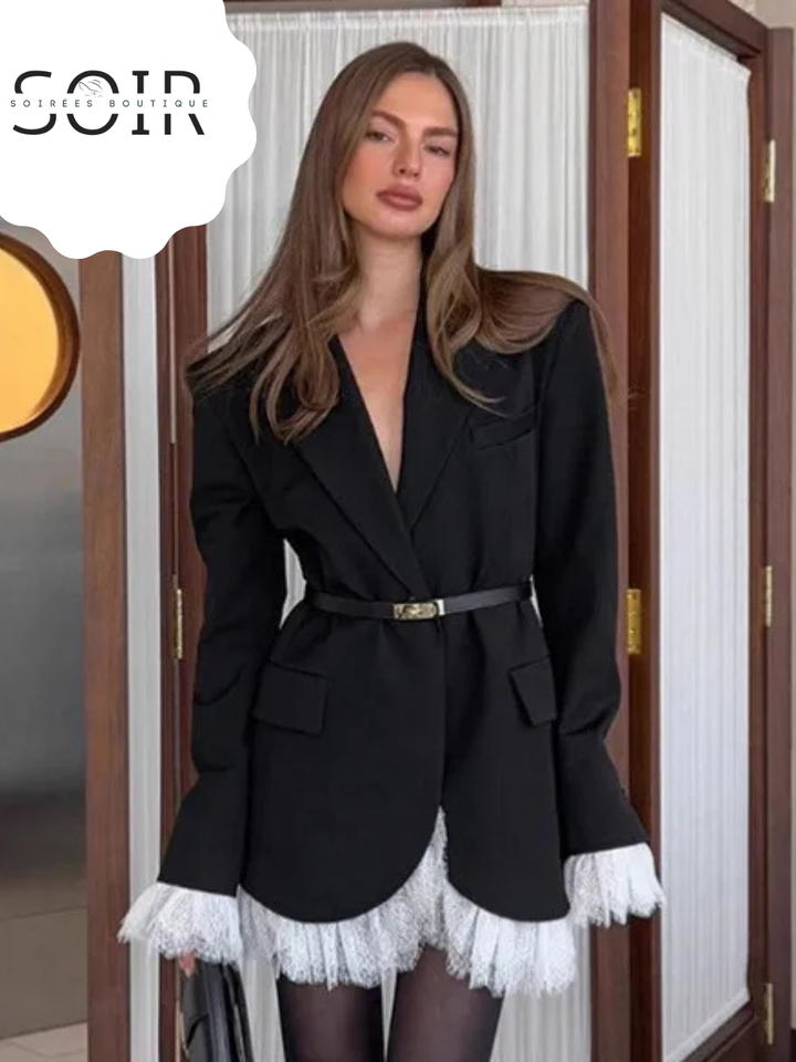 Noir Chantilly Lace Trim Blazer Dress