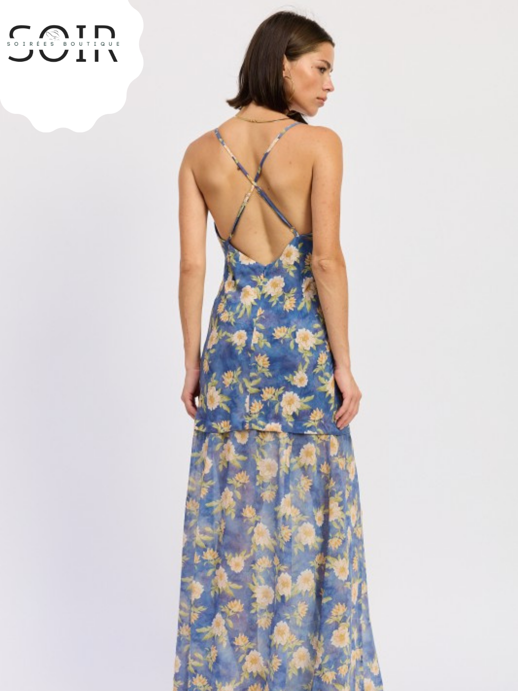 Azure Bloom Cross-Tie Maxi Dress