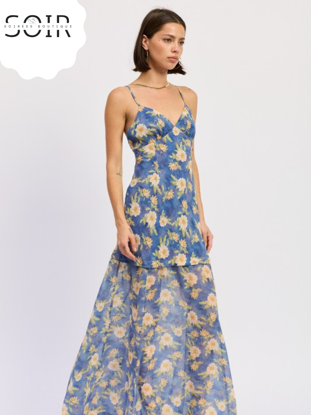 Azure Bloom Cross-Tie Maxi Dress