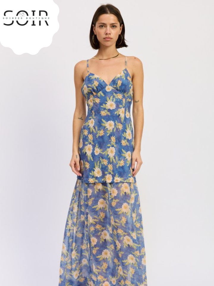 Azure Bloom Cross-Tie Maxi Dress