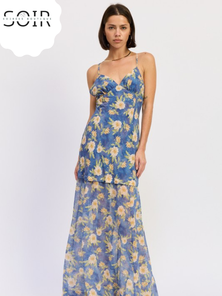 Azure Bloom Cross-Tie Maxi Dress