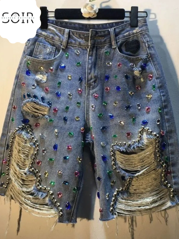 Prism Riot: The Beaded Distress Denim Shorts