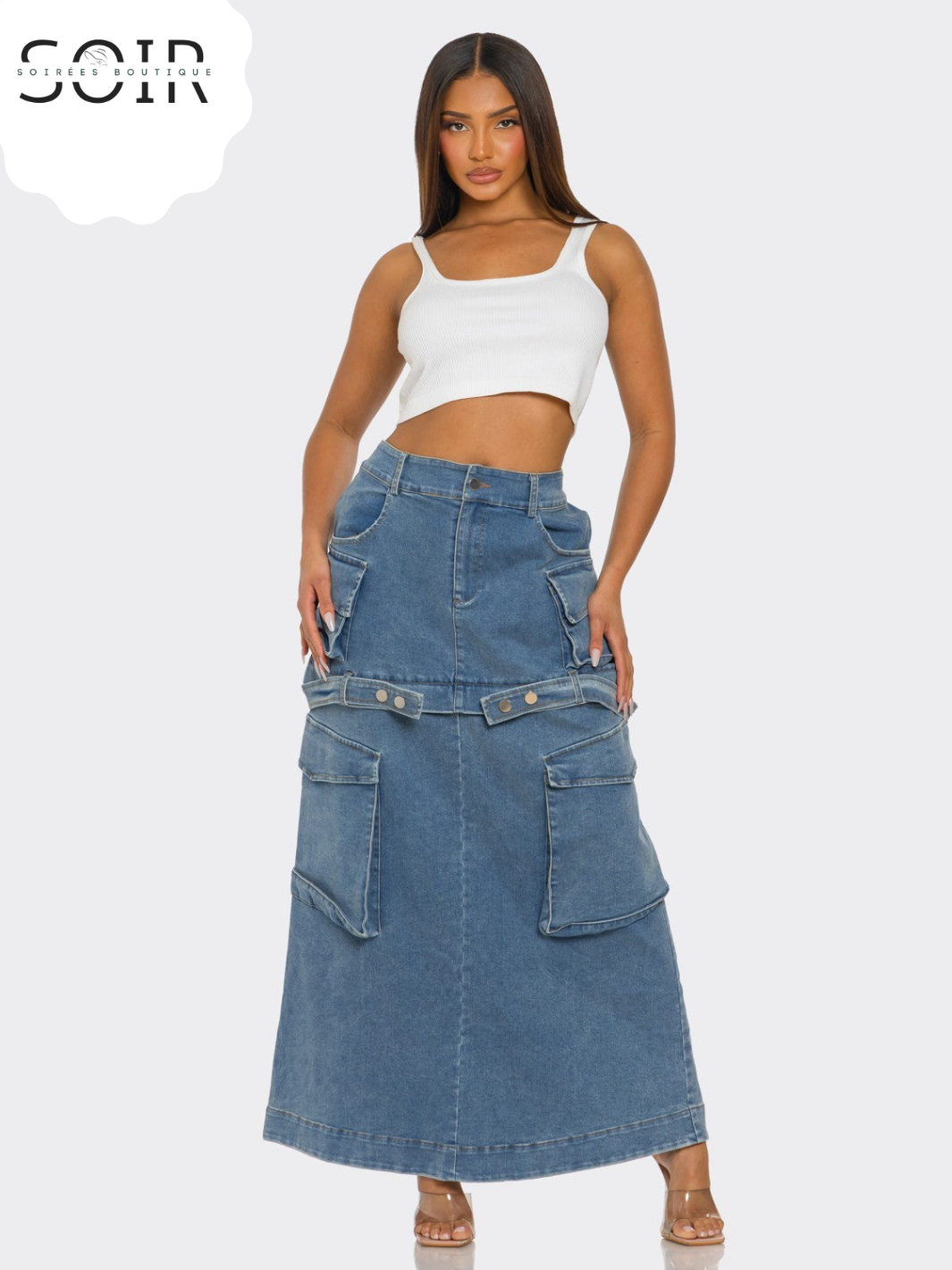 Switch Stitch Utility Denim Maxi Skirt