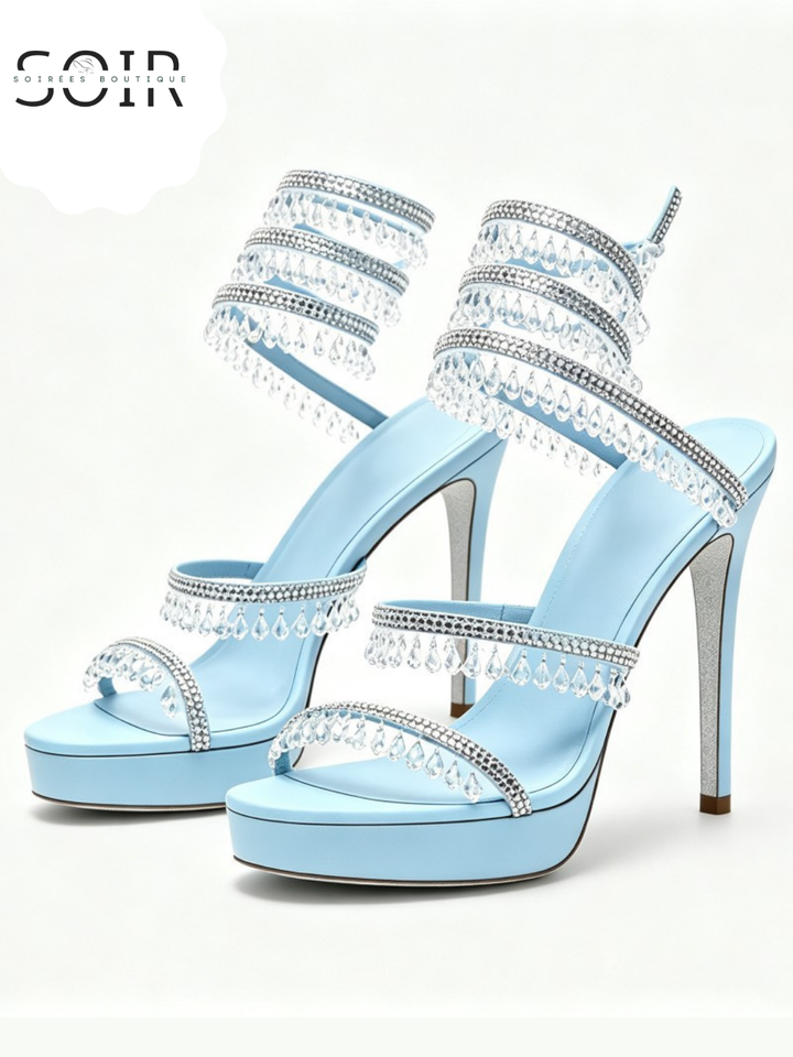 The Chandelier Walk | Women’s Beaded Rhinestone Spiral-Strap Stiletto Sandals
