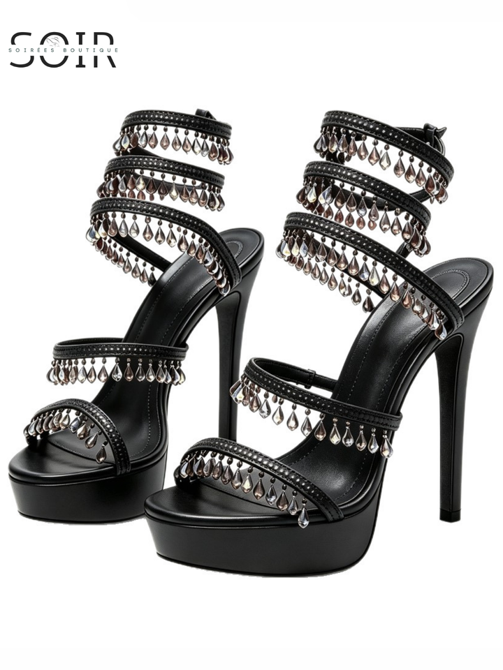 The Chandelier Walk | Women’s Beaded Rhinestone Spiral-Strap Stiletto Sandals