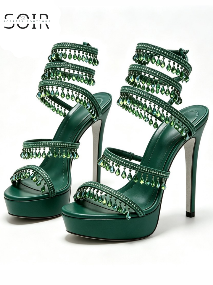 The Chandelier Walk | Women’s Beaded Rhinestone Spiral-Strap Stiletto Sandals