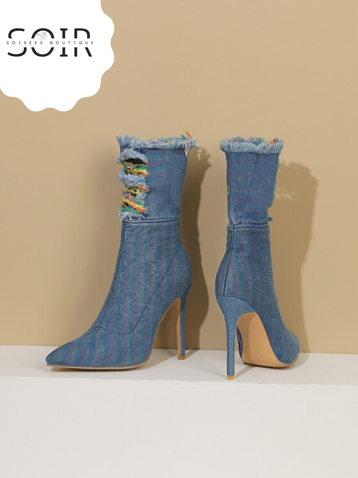 The Denim After Dark | Women’s Light Blue Distressed Denim Stiletto Boots