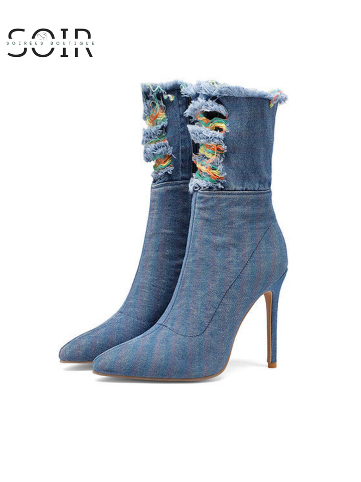 The Denim After Dark | Women’s Light Blue Distressed Denim Stiletto Boots