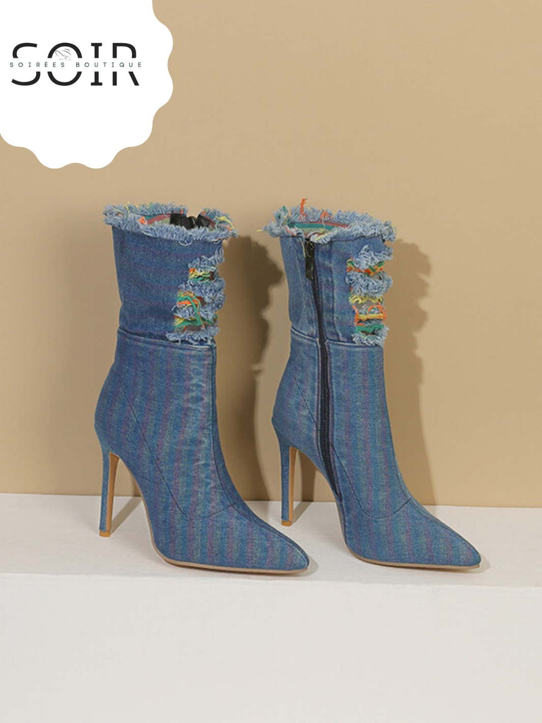 The Denim After Dark | Women’s Light Blue Distressed Denim Stiletto Boots